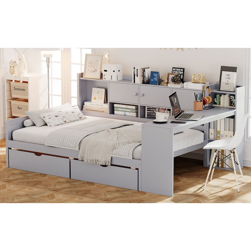 Full Size Wood Daybed with L-Shape Design - 3 Storage Cabinets, 2 Drawers and Built-in Study Desk