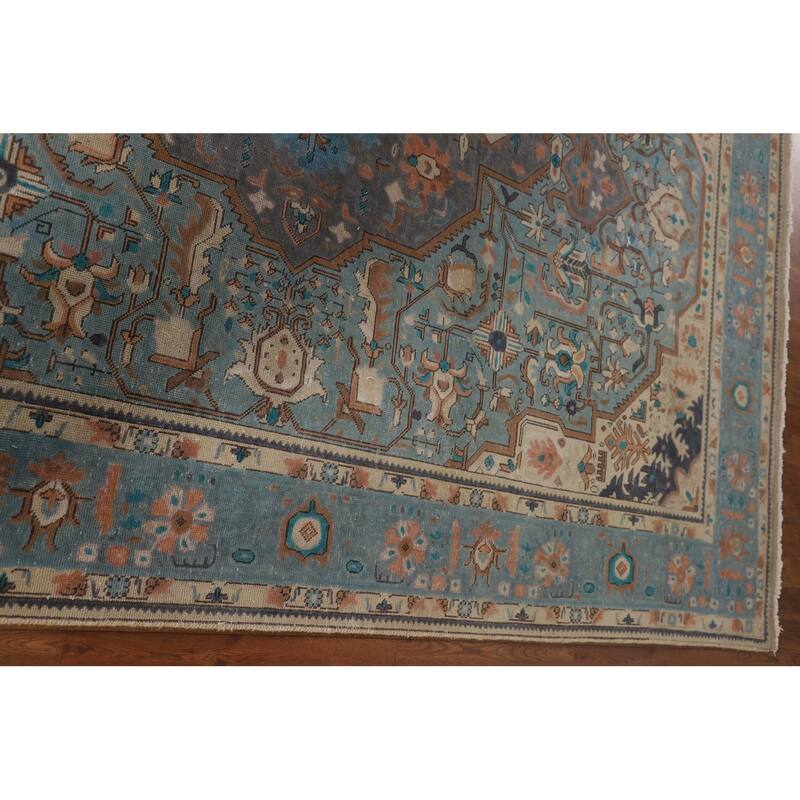 Over-Dyed Blue Tabriz Persian Vintage Area Rug Handmade Wool Carpet - 6'10"x 9'8"
