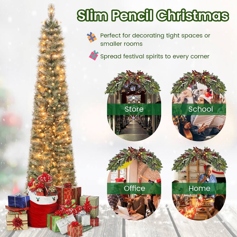 Gymax 6/7 FT Pre-Lit Artificial Christmas Tree Slime Pencil Christmas