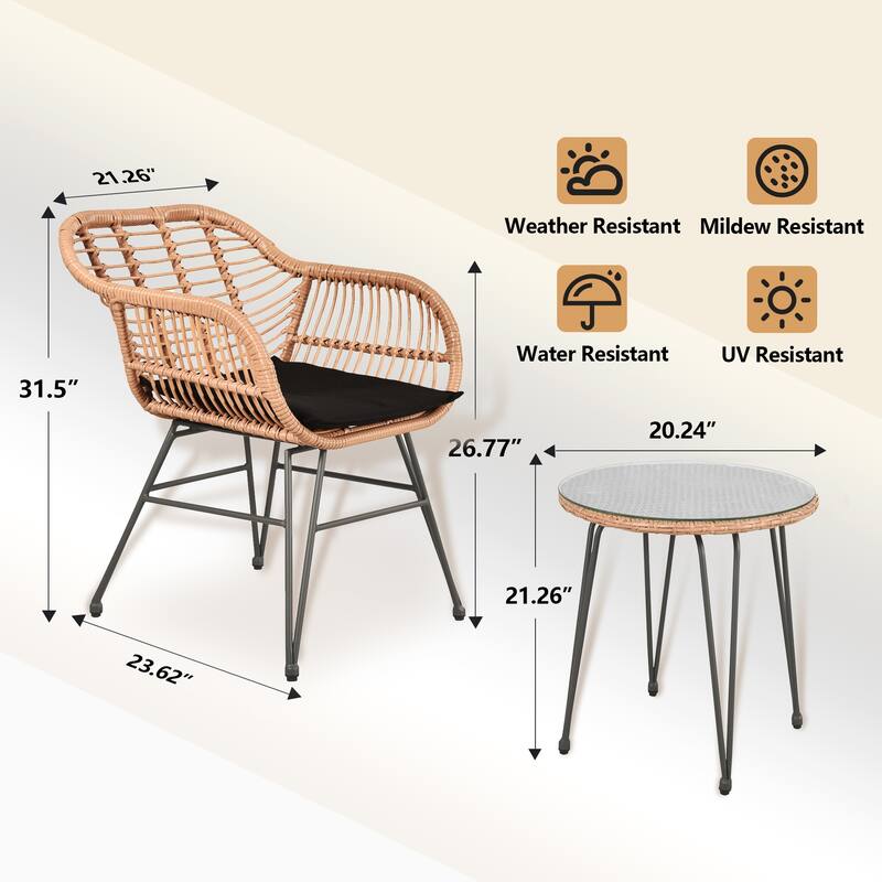 Wicker Bistro Set Outdoor Furniture with Cushions (Set of 3) by Tappio - 21.2"L x 23.6"W x 31.5"H