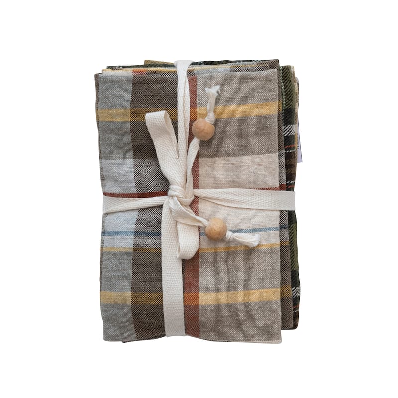 Cotton Printed Tea Towels with Tie and Wood Beads - 28.0"L x 18.0"W x 0.3"H