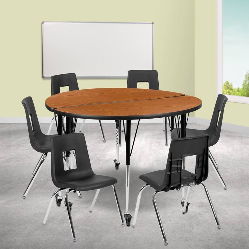 Mobile 47.5" Circle Wave Flexible Activity Table - 18" Student Stack Chairs - Oak