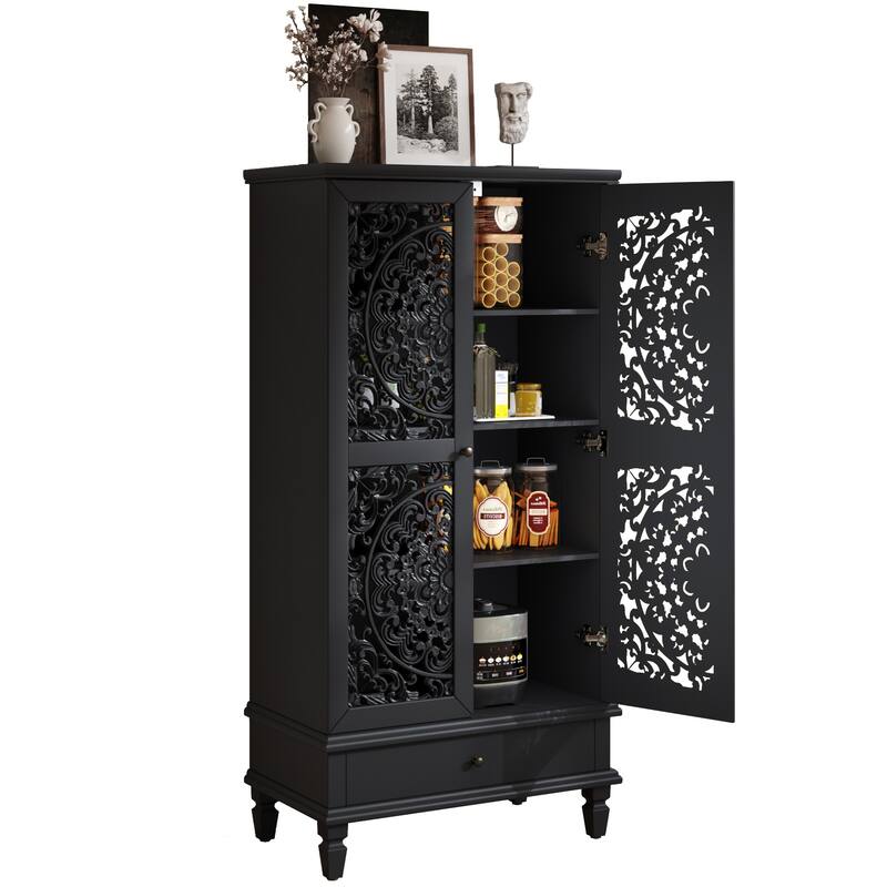 Roomfitters 55'' Tall Storage Cabinet, Carved Wood Accent Sideboard with Solid Wood Legs for Dining Room