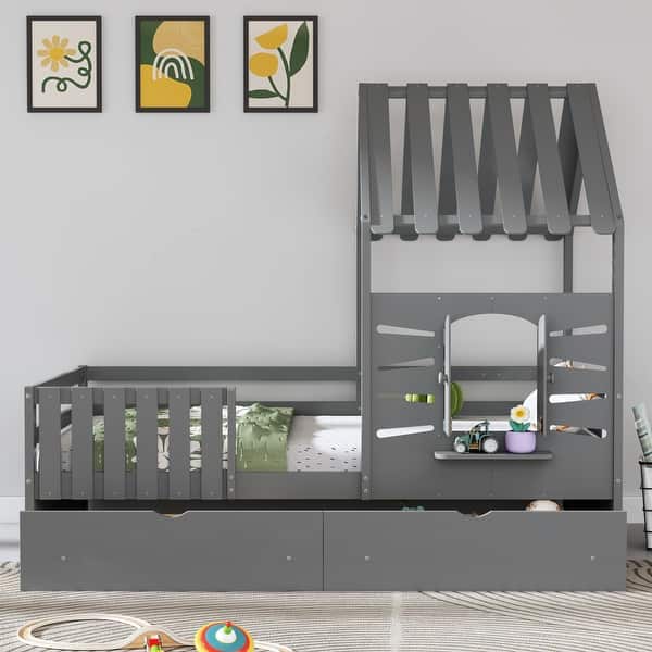 slide 2 of 40, Twin Size House Bed Wood Kids Bed Frame with 2 Storage Drawers, Window and Guardrails for Bedroom, Easy Assembly Gray - Twin
