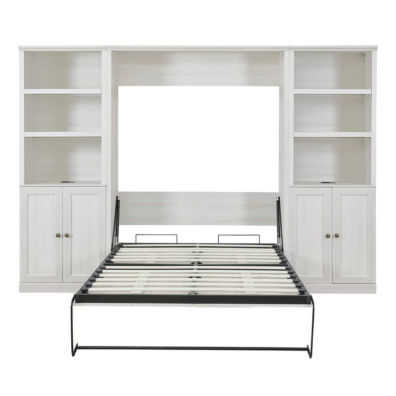 Half Self-Close and Open Murphy Bed with 2 Side Cabinet Storage Shelf