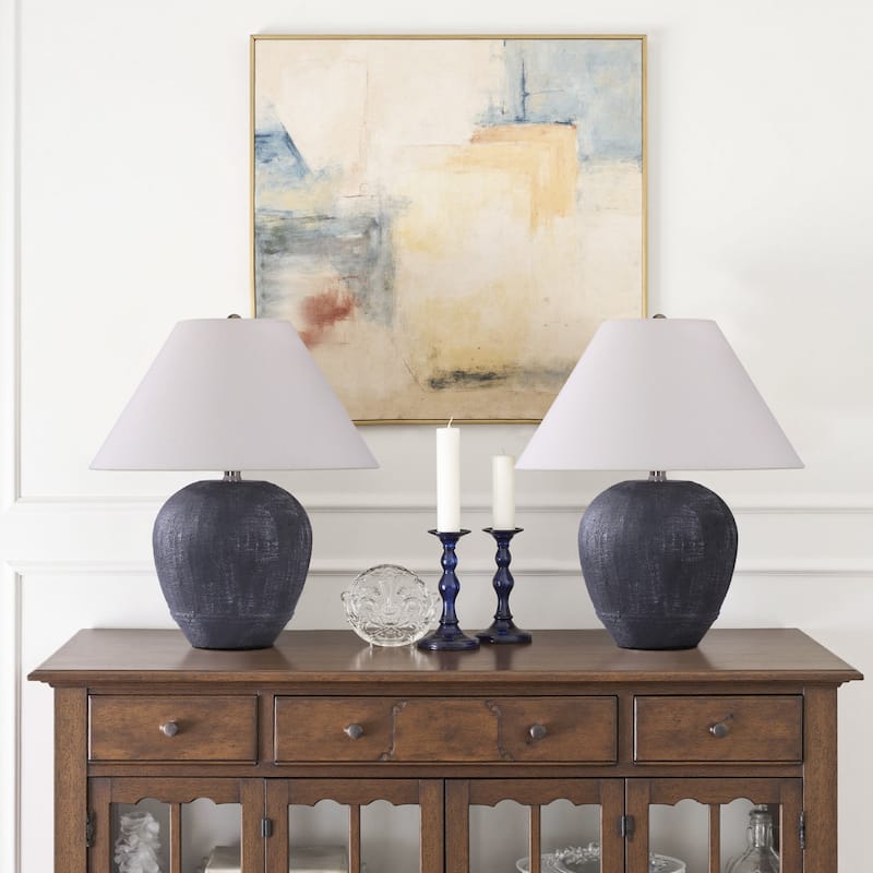 Modern Ceramic Table Lamp with Cone Linen Shade - Small:15.6"Wx15.6"Dx18"H - Dark Grey-2SET