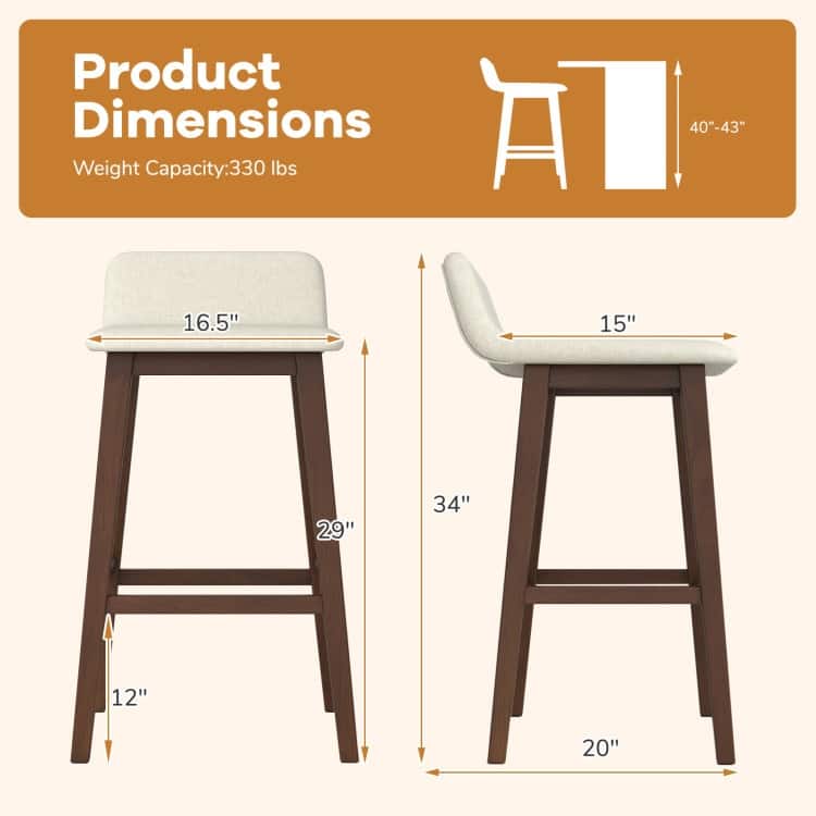 Low-Back High-Top Chairs with Padded Seat and Rubber Wood Legs - 20" x 16.5" x 29"