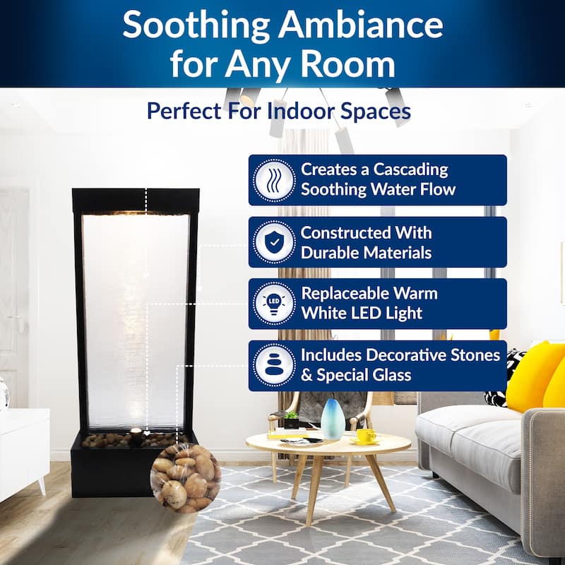 Alpine Corporation MLT170S 48" Indoor/Outdoor Waterfall Fountain with LED, Modern Glass & Aluminum Black Wall Feature