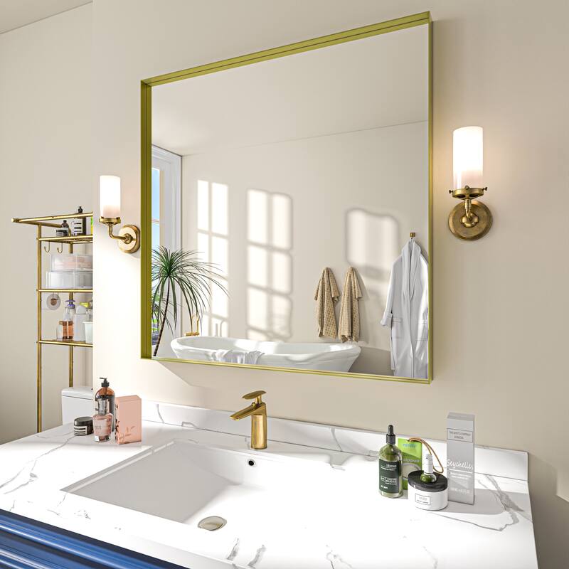 TOOLKISS Right Angle Aluminum Frame Bathroom Vanity Mirror with Clear Glass - 36 inch.W x 36 inch.H - Gold