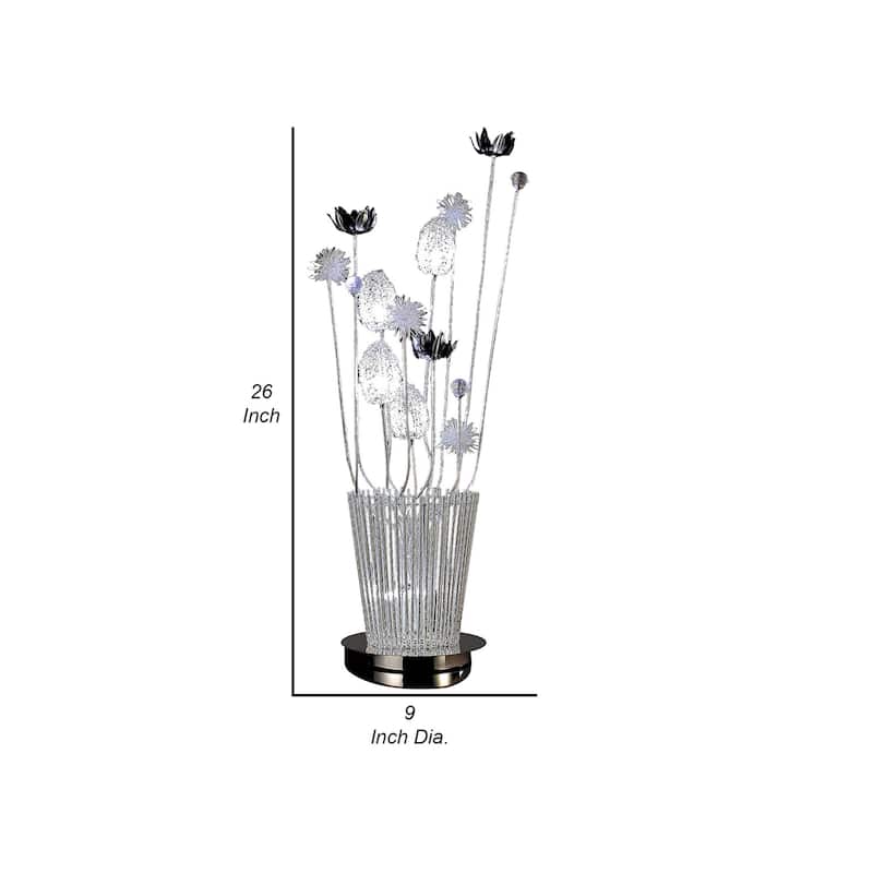26 Inch Accent Table Lamp, Flower Vase Design, Metal, Chrome Finish