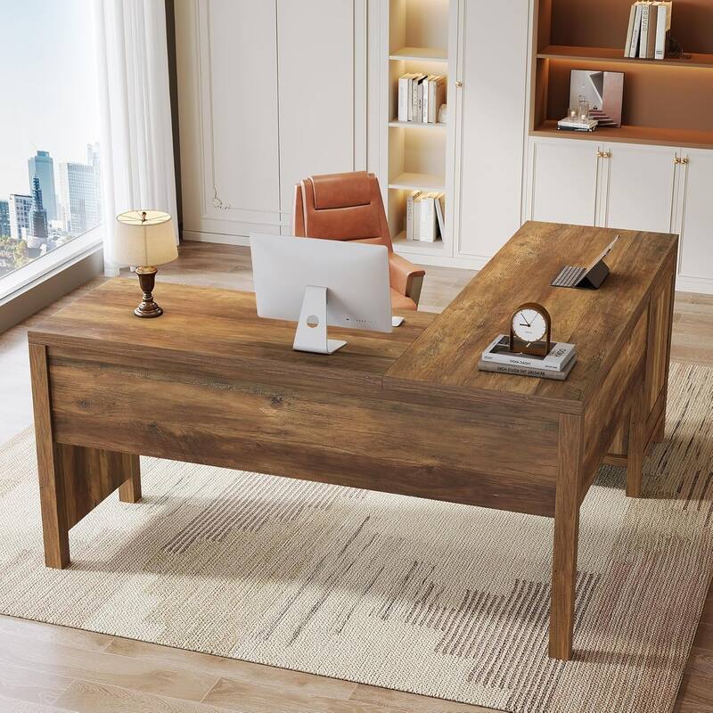 L Shaped Executive Desk with 3 Drawers, 59" Large Corner Computer Desk