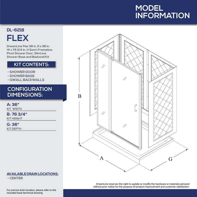 DreamLine Flex 36 in. D x 36 in. W x 76 3/4 in. H Pivot Shower Door, Shower Base and Backwall Kit - 36" x 36"