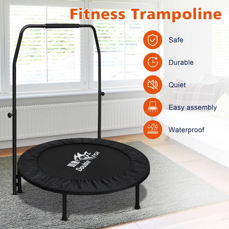 DOUBLE FISH Mini Trampoline - Adjustable Foam Handle, 400Lbs Capacity, Black Rectangular, Fitness Rebounder - 11