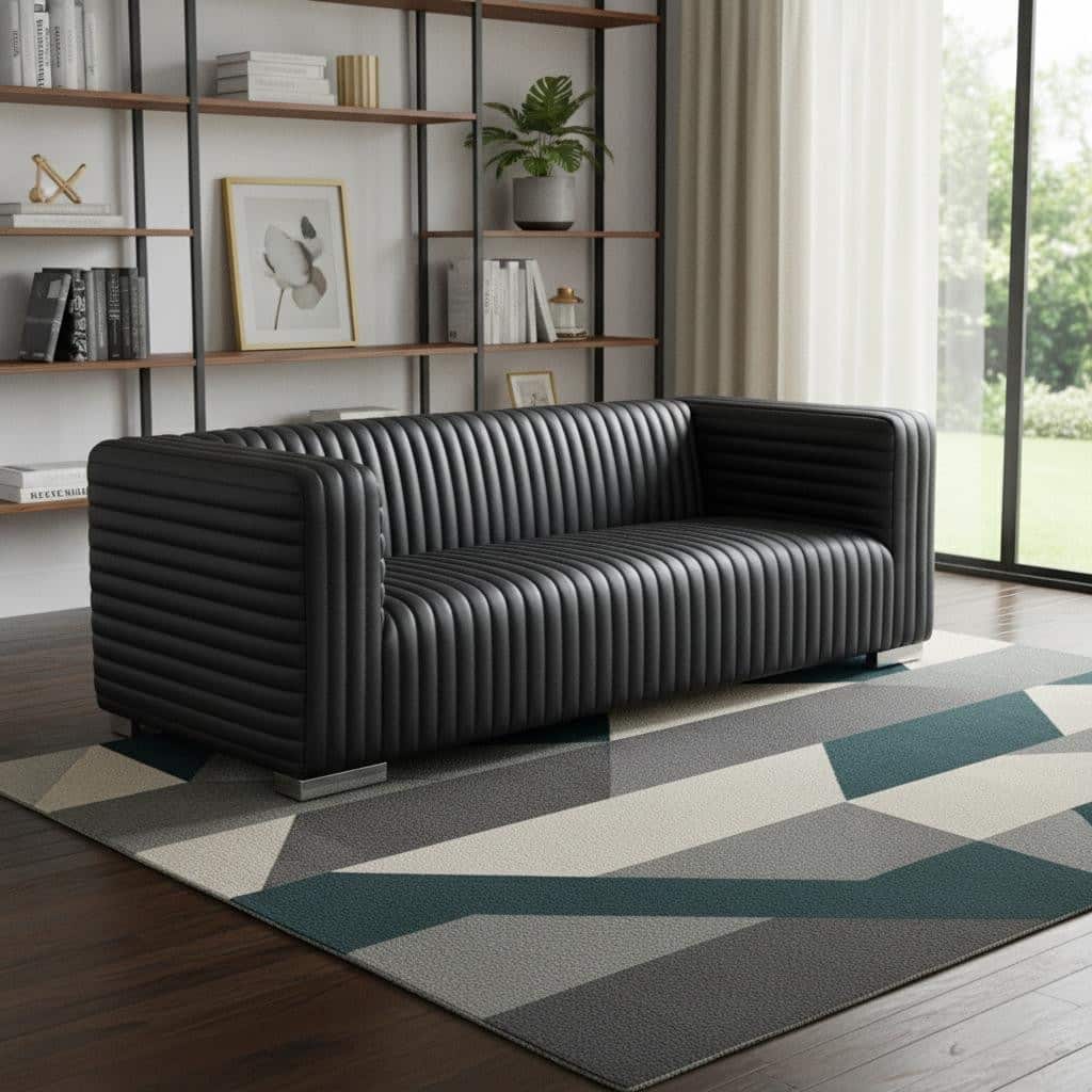 HomeRoots 83" Black Leather Sofa With Silver Legs