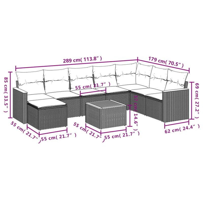 vidaXL Patio Sofa Set with Cushions Outdoor Conversation Furniture Poly Rattan - 24.4 x 24.4 x 27.2 in