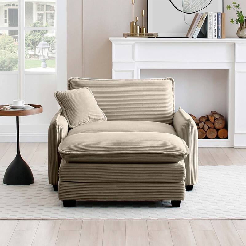 Ergonomic Corduroy Single Sofa Chair with Ottoman and Pillow