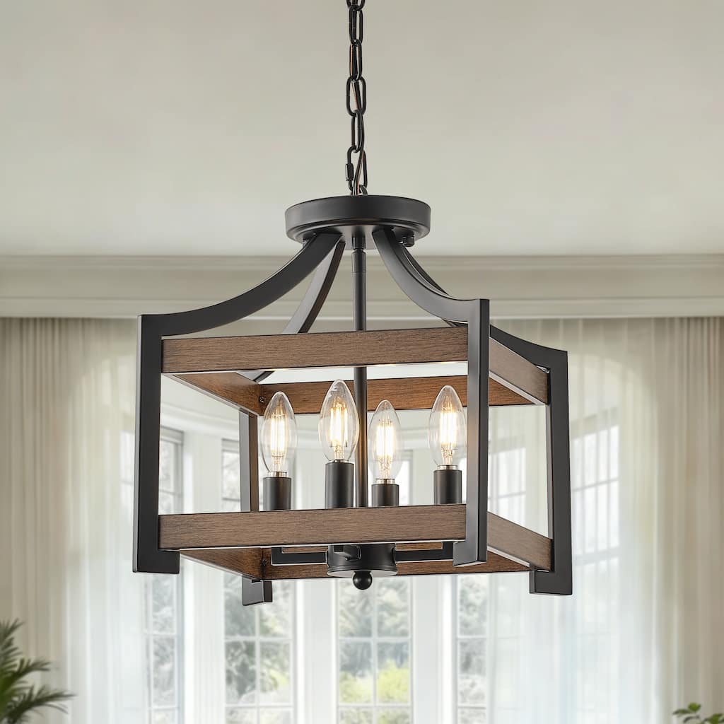 Starsky 4-Light Faux Wood Finish Rectangular Farmhouse Chandelier - Matte Black