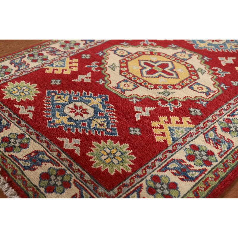 Red Geometric Kazak Foyer Rug Handmade Wool Carpet - 2'9"x 3'9"