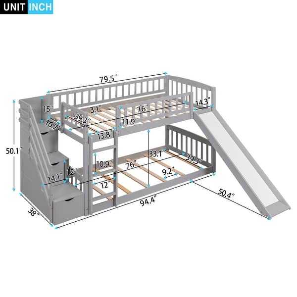 dimension image slide 0 of 2, Roomfitters Stairway Twin Over Twin Bunk Bed with Two Drawers and Slide, Space-Saving Wooden Frame for Bedroom