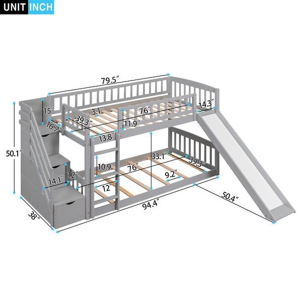 dimension image slide 1 of 2, Stairway Twin Bunk Bed with Drawers, Slide & Ladder - Convertible Design