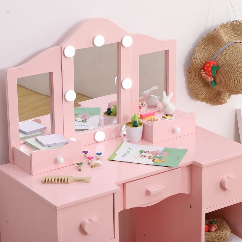 2-in-1 Princess Kids Vanity Dressing Table Set with Tri-Fold Mirror