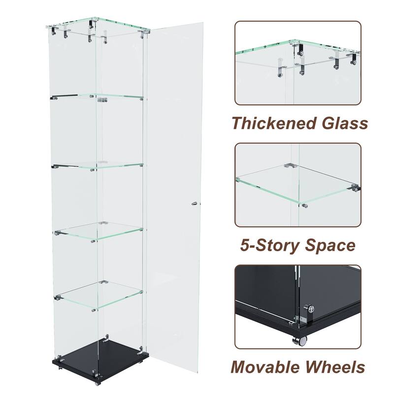 4-Tier Tempered Glass Display Case with 5 Dynamic LED Modes, Single Door Bookshelf Cabinet for Collectibles Home Office Decor