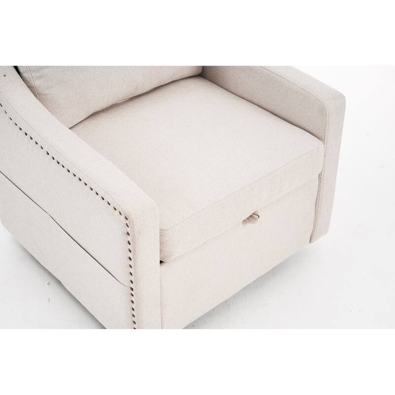 Linen Upholstered Swivel Accent Chair, Ergonomic Single Sofa Chair, Lounge Reading Chair with Nailhead Decor & Metal Base