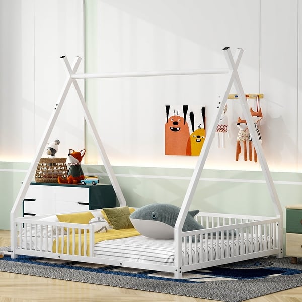 slide 2 of 13, Metal Full Size House Platform Bed with Triangle Structure, Fence Guardrail & Horizontal Rod