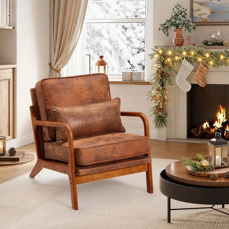 EROMY Mid-Century Modern Accent Chair - Solid Wood Frame Armchair for Living Room, Lounge, or Balcony - Foil Fabric - Brown