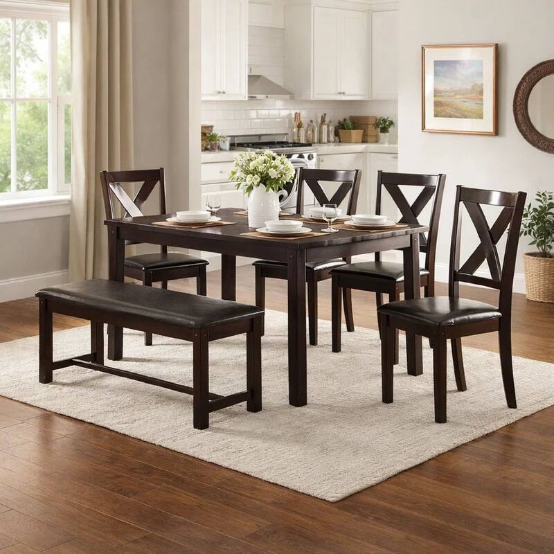 Rubber Wood 6 Pieces Dining Set In Espresso Brown