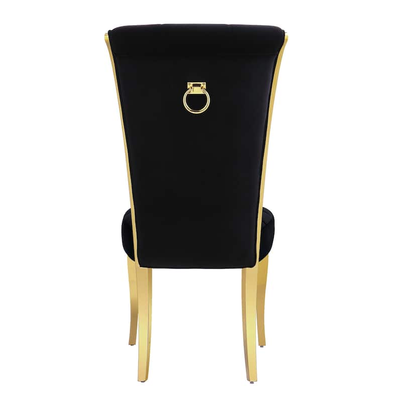 Black Velvet Dining Chairs with Pull Ring on Back and Metal Legs