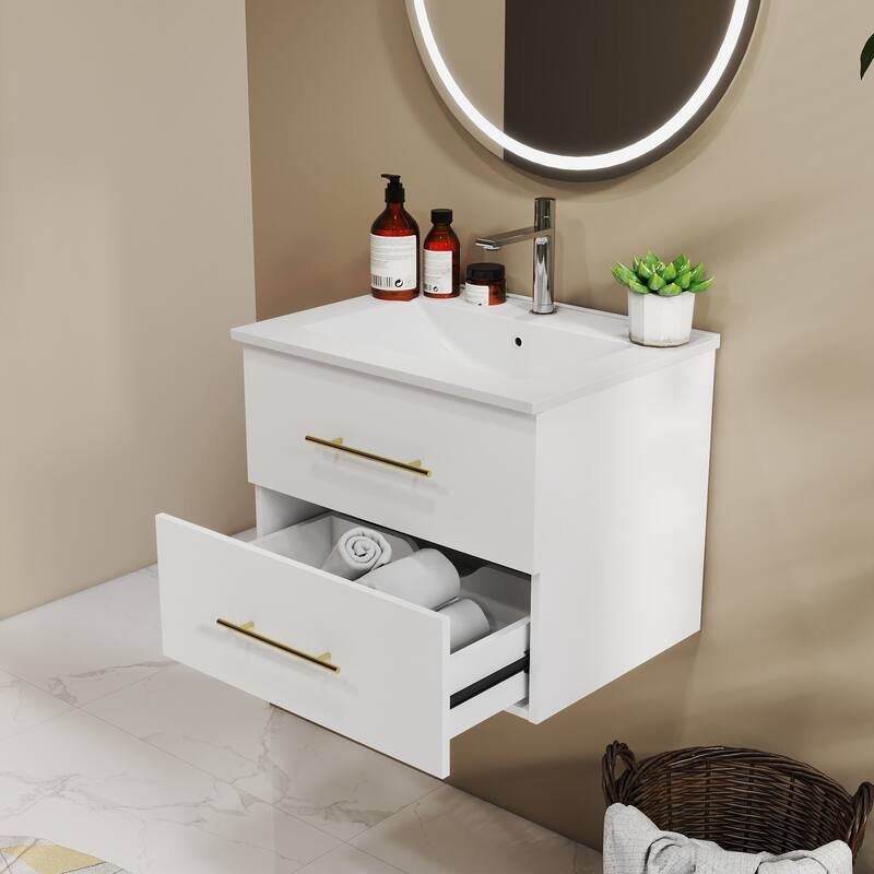 24-Inch Wall-Mounted Bathroom Vanity with Sink Combo,Double Drawers, Ceramic Basin, Easy Assemble,2 Storage Drawers