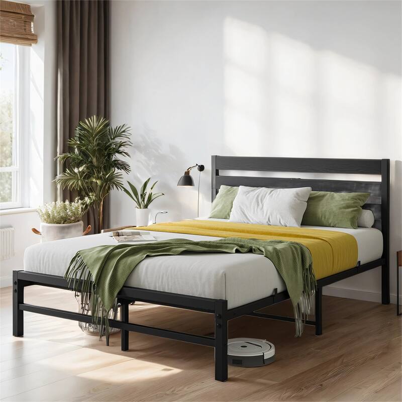Full Size Platform Bed Frame with Wood Headboard, No Box Spring Needed - Black