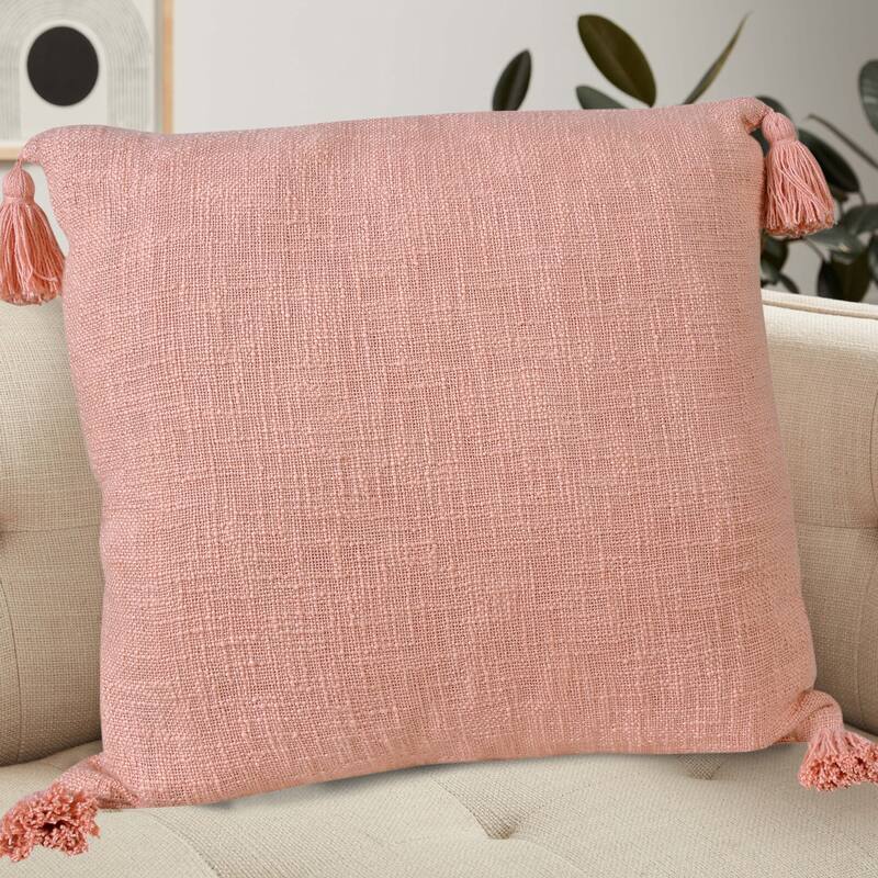Handwoven Solid Square Throw Pillow Cover with Tassels - 20" - Coral Pink