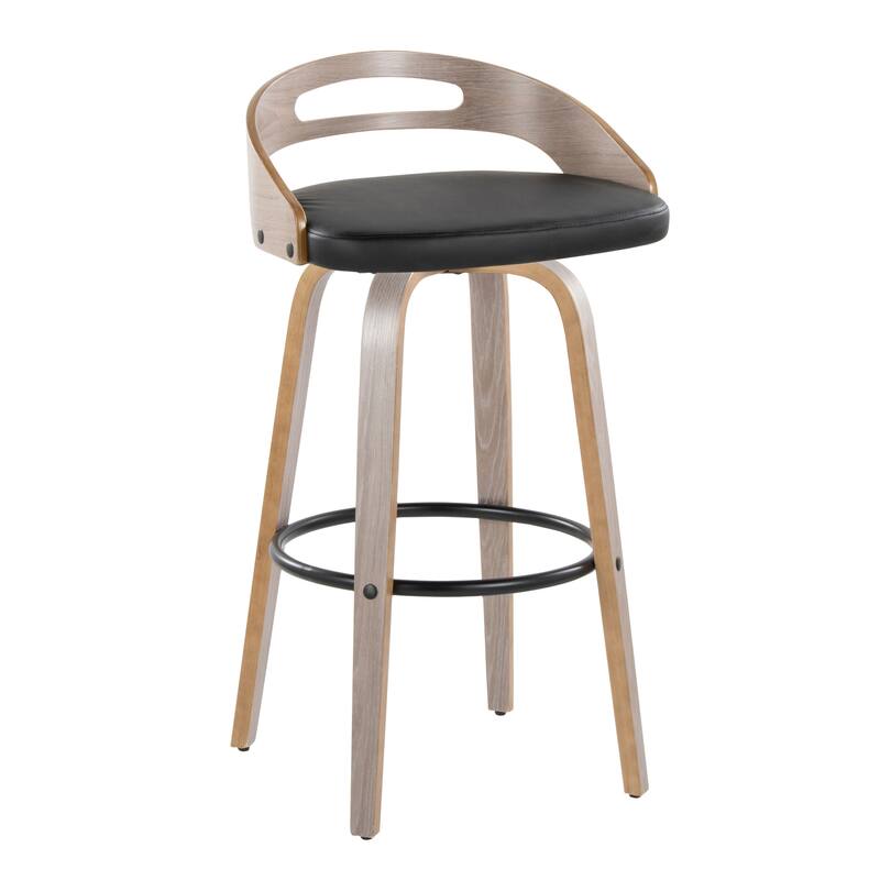 Carson Carrington Sadie 30" Fixed-Height Bar Stool with Bent Wood Legs & Round Footrest (Set of 2) - Black Faux Leather/Light Grey Wood/Black Metal