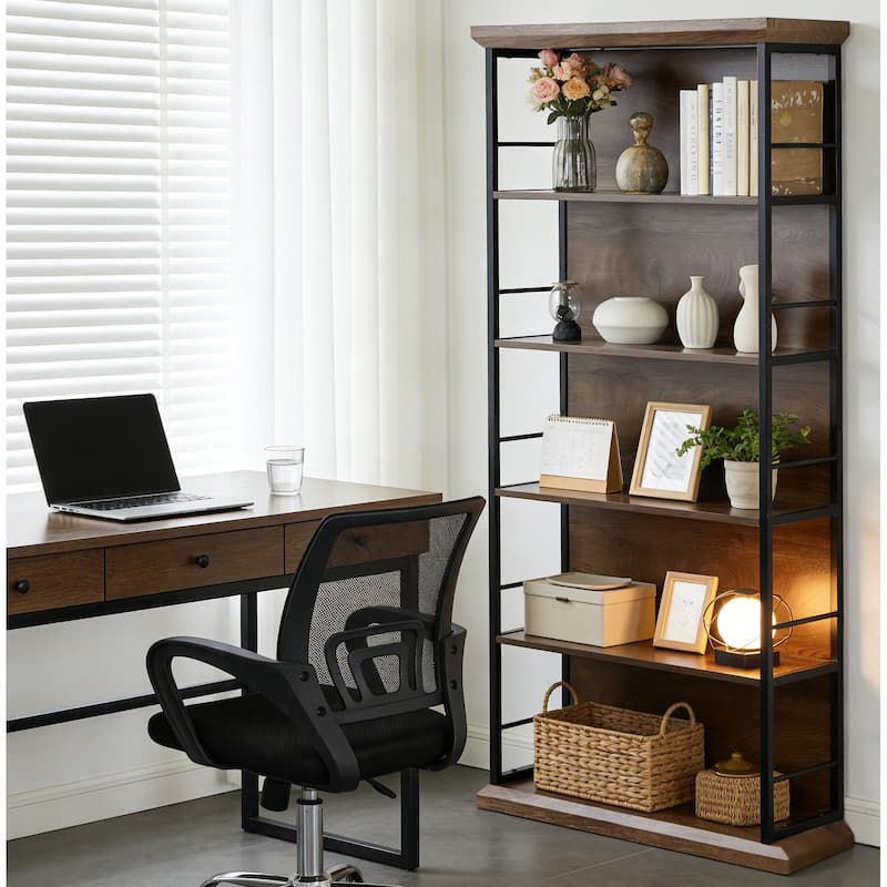 70.86" H 5-Tier Modern Bookcase | Wood & Metal Storage Shelf for Living Room & Office - Black/Brown