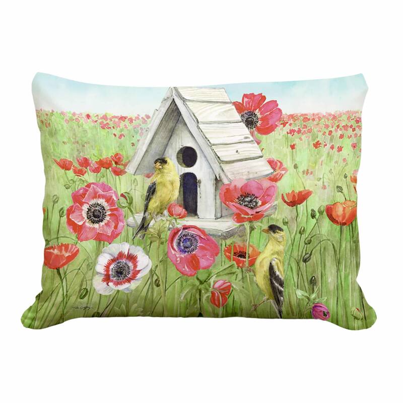 Magnolia Casual Outdoor Pillow Yellow Birds and Poppy Field 19x24