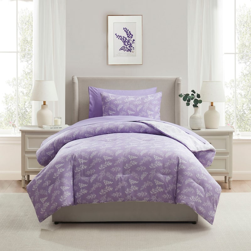 Empyrean 7 Pc Botanical Comforter Set with Sheets, Soft Breathable Lightweight Bedding Bag - Lavender/Off White - Twin XL