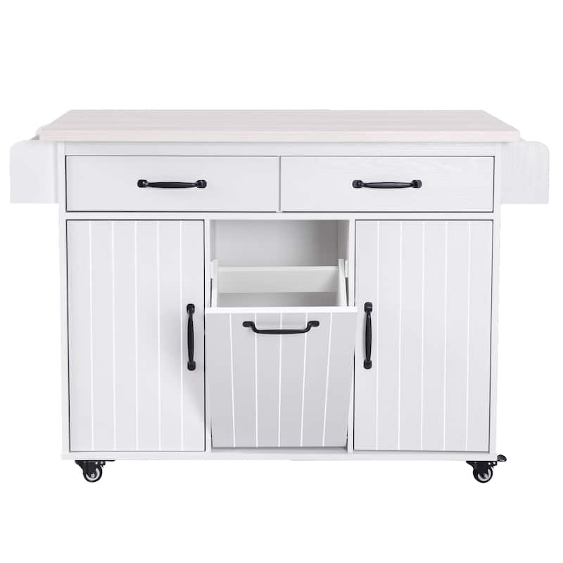 Kitchen Island with Trash Can Storage Cabinet, Rolling Kitchen Cart on Wheels with Drop Leaf