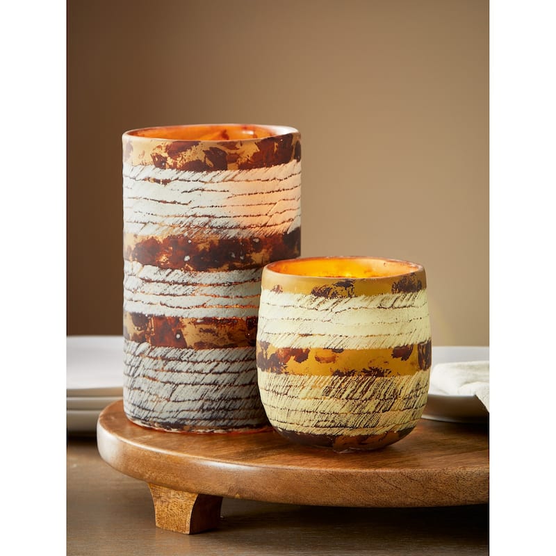 Textured Cut Earth Tone Glass Hurricane Large Candle Holder 4.70L x 4.70W x 7.90K in.