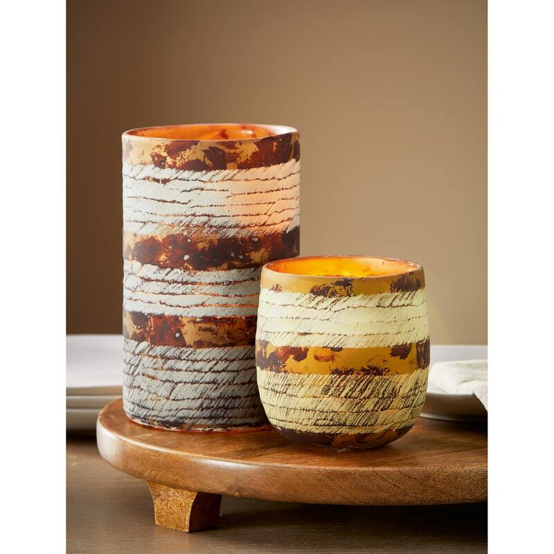 Textured Cut Hurricane Blown Glass Small Candle Holder 4.7 x 4.7 x 4.7 in.