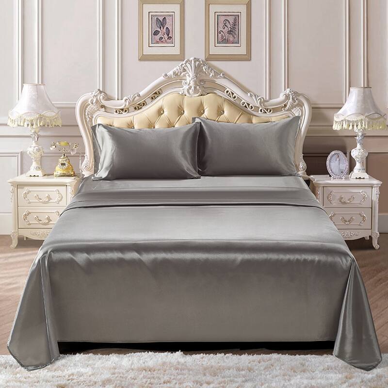 Silky Satin Bed Sheets Set Pillowcase Deep Pocket Flat Fitted Sheet