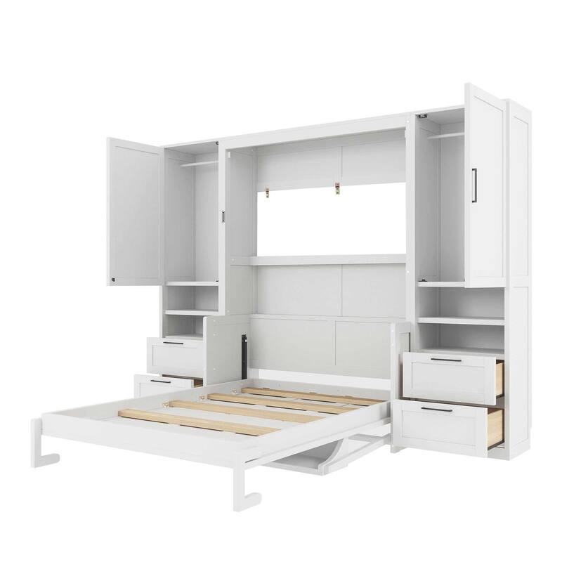 Full Size Murphy Bed with Closet, Drawers & Shelves - Space-Saving Wall Bed with Storage for Small Rooms