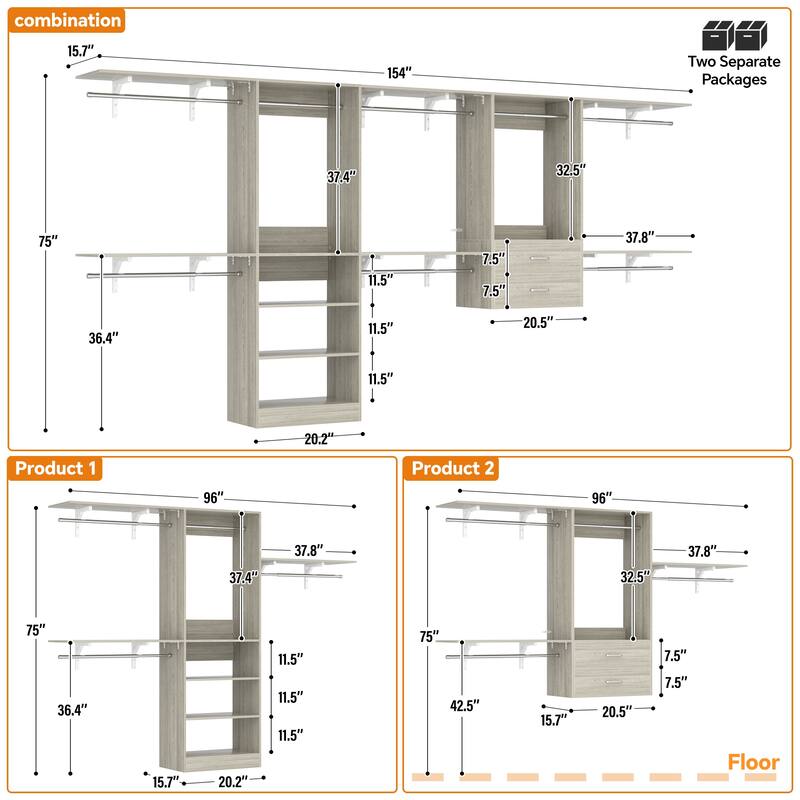 Closet System with 2 Sets, 154'' Walk-in Closet Organizer System with 2 Drawers & 8 Hanging Rods & 6 Reversible Shelf Towers