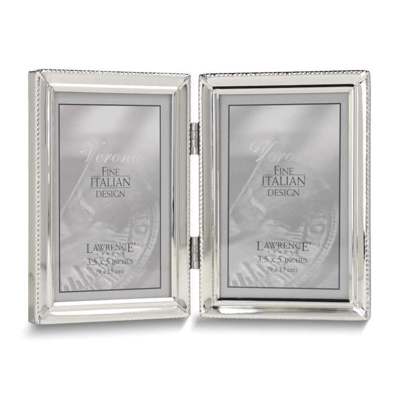 Curata Silver-Tone Portrait Hinged Polished Beaded 3x5 Double Photo Frame