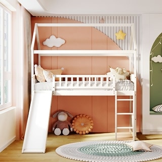 Elegant Twin Loft Bed Wooden House Kids Bed with Slide,Ladder