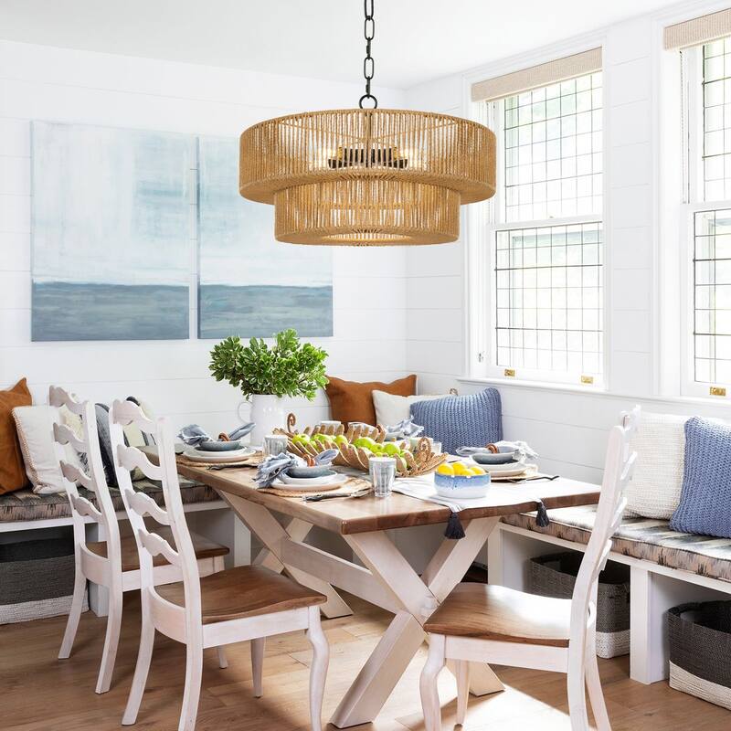 5-Light 21.6in. Rattan Boho Tiered Drum Hand Woven Chandelier