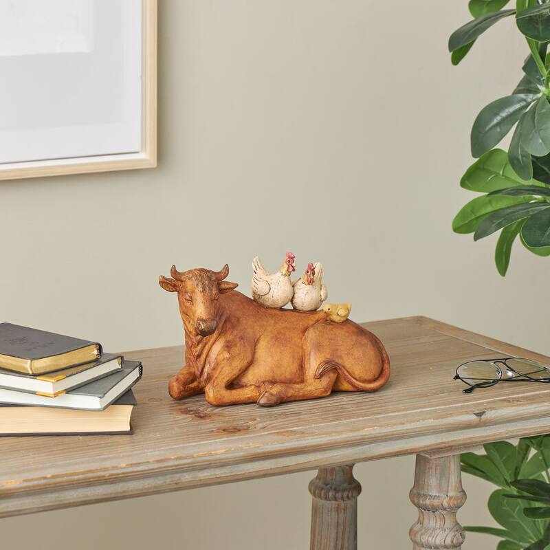 Polystone Cow Decorative Sculpture with Sitting Roosters and Chicks - Copper or Cream