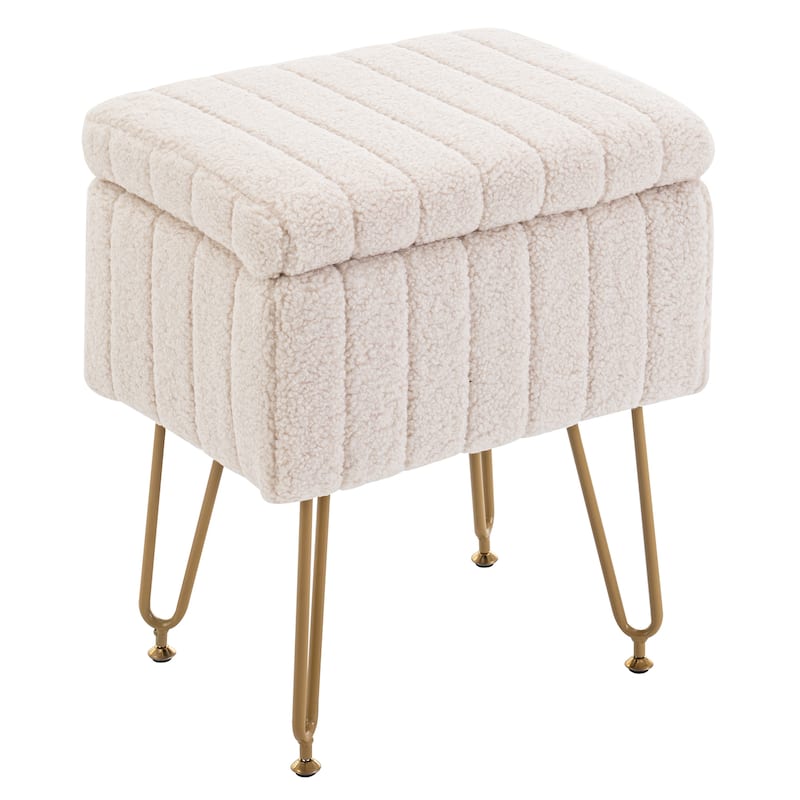 Set of 1 Lamb Wool Fabric Upholstered Storage Ottoman with Matte Golden Legs