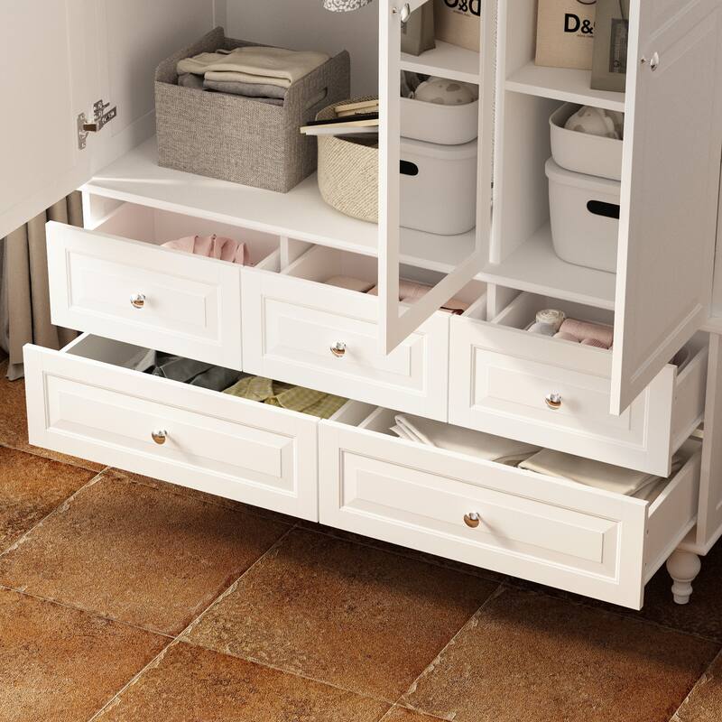 3-Door Wardrobe Armoire with Mirror, 70.9" Tall Freestanding Closet Cabinet Storage Wardrobe for Bedroom